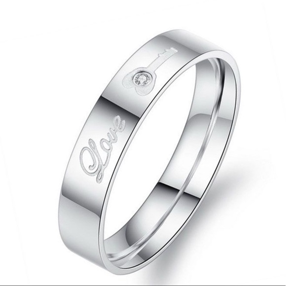 Stainless Steel Love Lock & Key Wedding Band Set - Picture 5 of 12